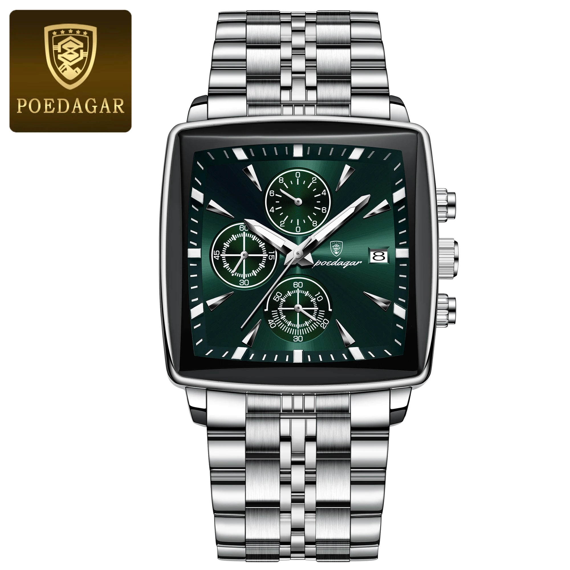 POEDAGAR Men Watch Luminous Waterproof Chronograph Date Man Wristwatch Square Stainless Steel Watch