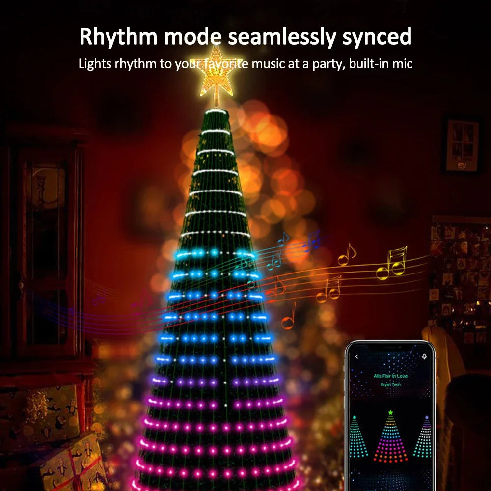 Christmas tree LED lights decoration including tree topper (Remotely controlled with smart app and physical controller)
