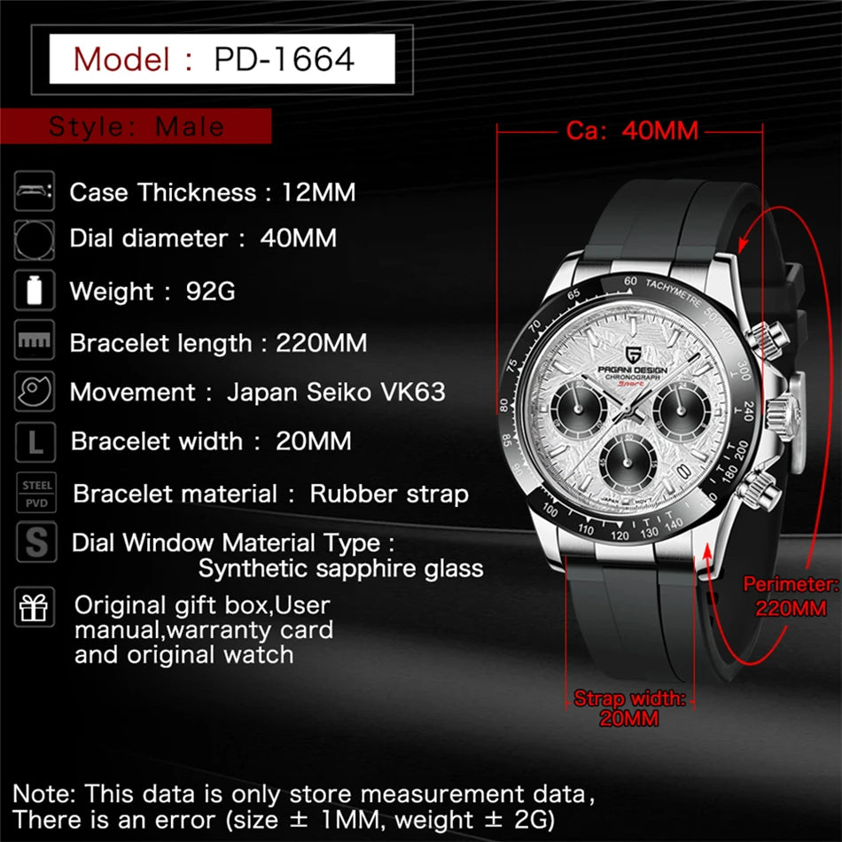 PAGANI DESIGN Men's Quartz Watches Sapphire Retro Chronograph Stainless Steel Waterproof Watch For Men's