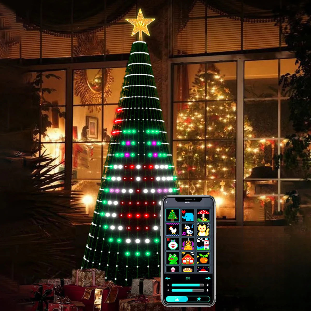 Christmas tree LED lights decoration including tree topper (Remotely controlled with smart app and physical controller)