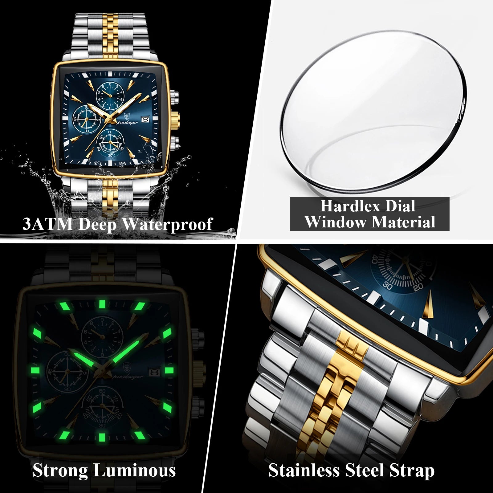 POEDAGAR Men Watch Luminous Waterproof Chronograph Date Man Wristwatch Square Stainless Steel Watch