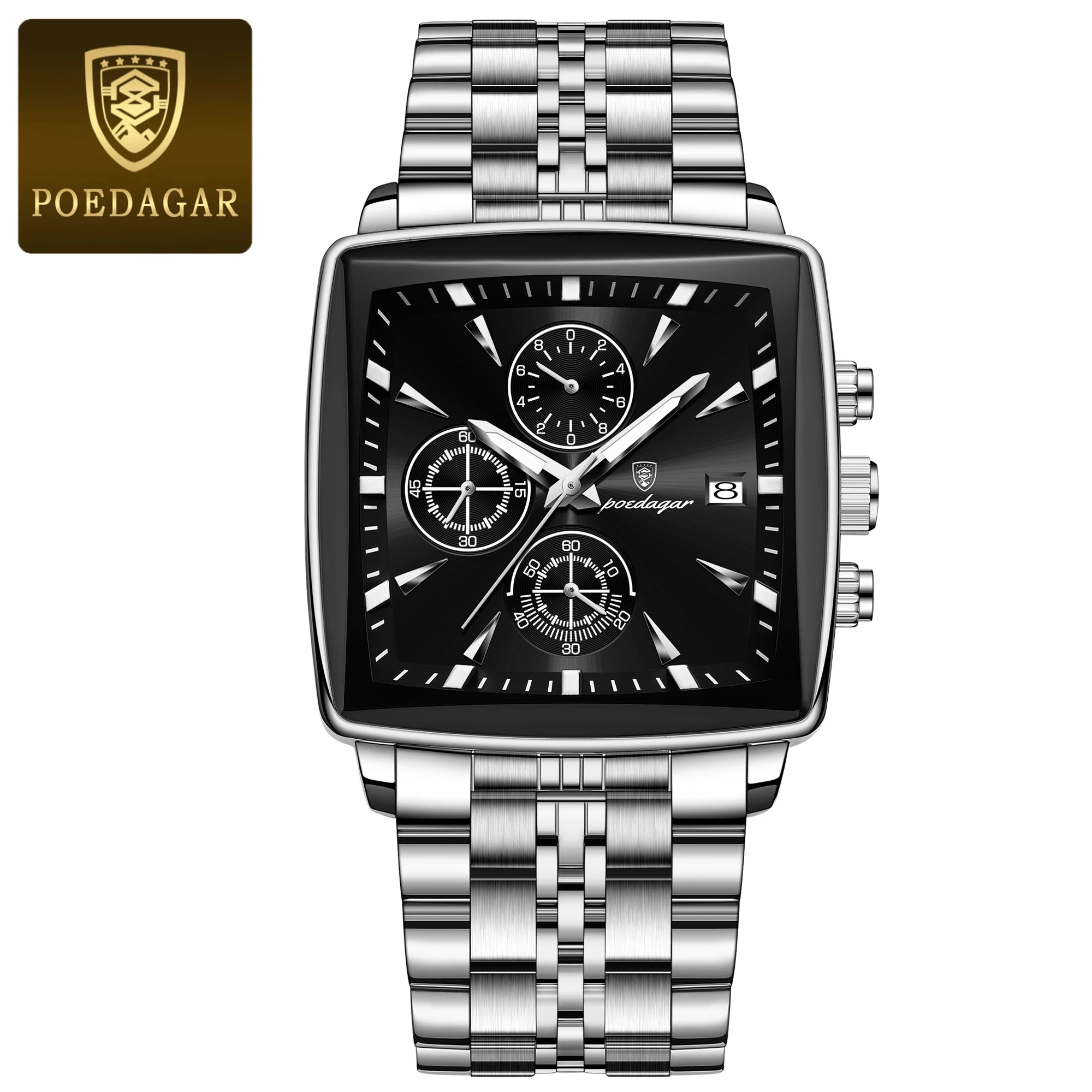 POEDAGAR Men Watch Luminous Waterproof Chronograph Date Man Wristwatch Square Stainless Steel Watch