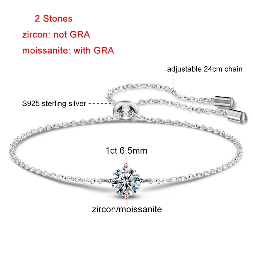 Certified 1CT Moissanite Bracelet for Women 925 Silver Classic Round Lab Diamond Charm Adjustable Hand Chain