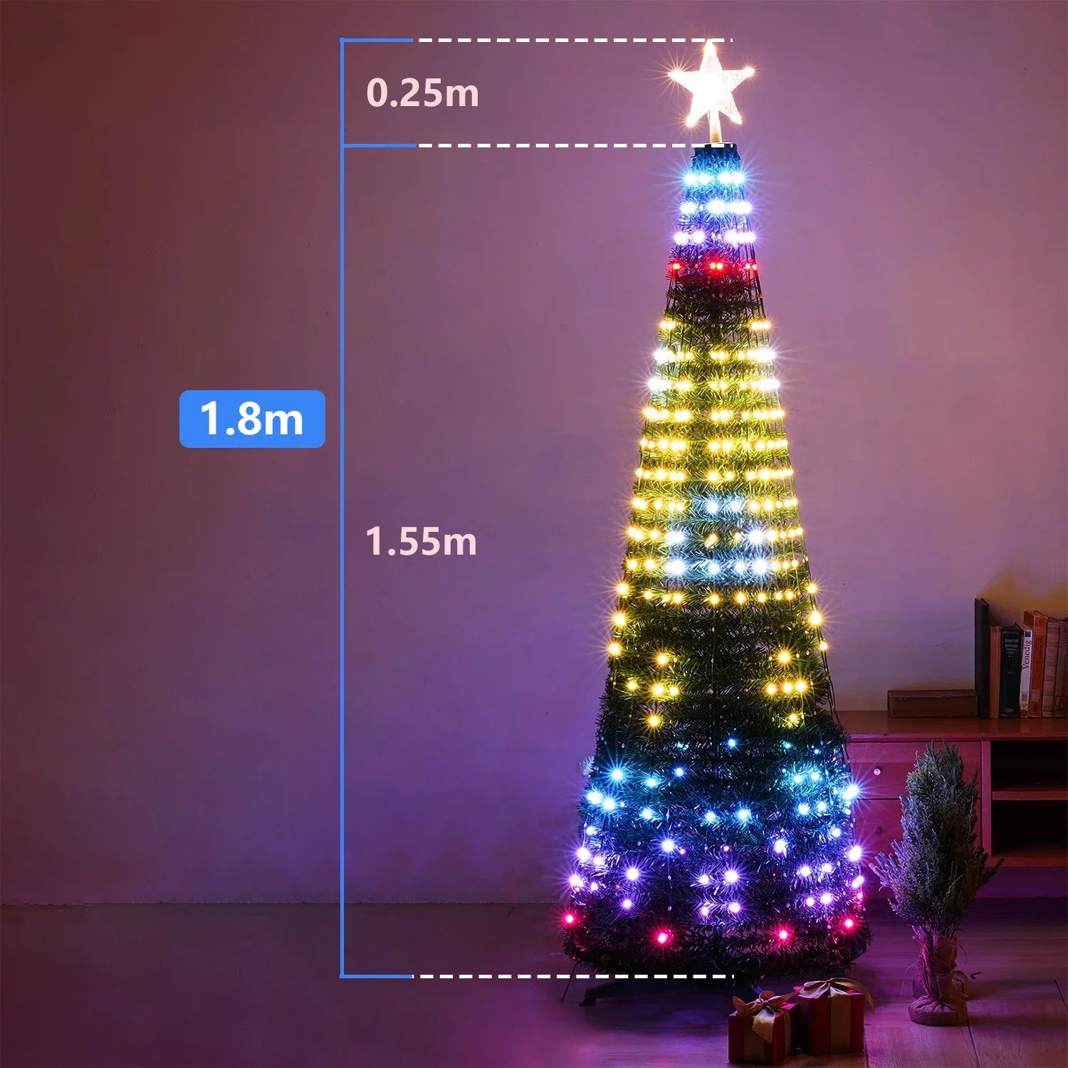 Christmas tree LED lights decoration including tree topper (Remotely controlled with smart app and physical controller)