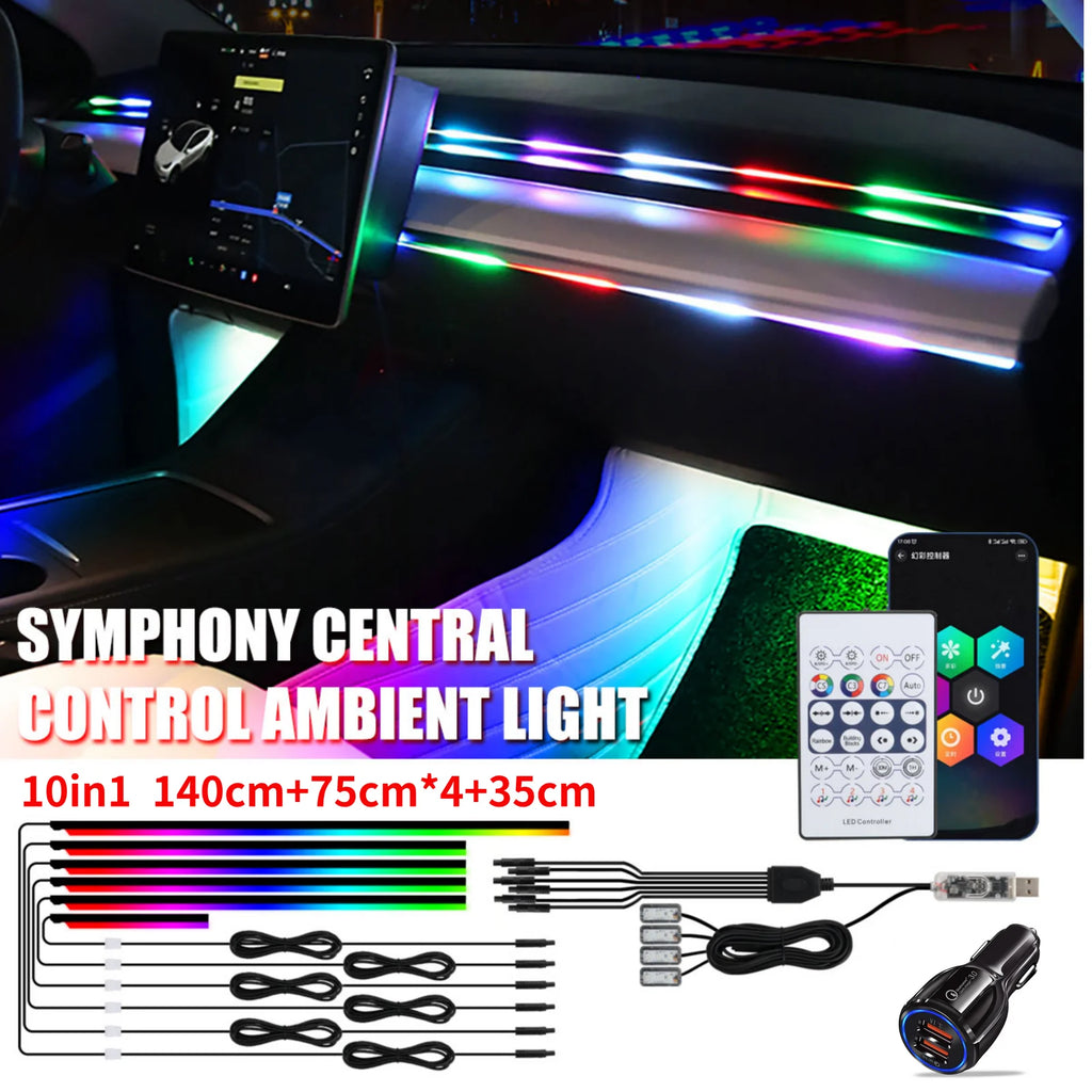 Car Ambient Lights 10 in 1 Footwell Universal RGB Atmosphere LED USB/Cigar Lighter connector APP Control