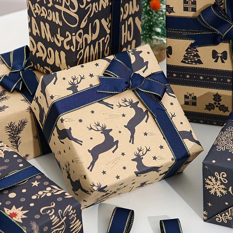 6PCS Vintage Christmas Wrapping Paper with Reindeer & Snowflake Patterns