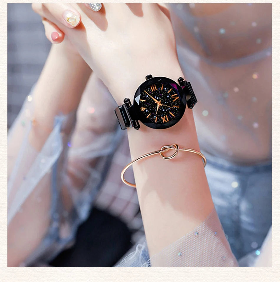 Women's Starry Sky Watch Magnet Buckle Mesh Belt Diamond Quartz Watch