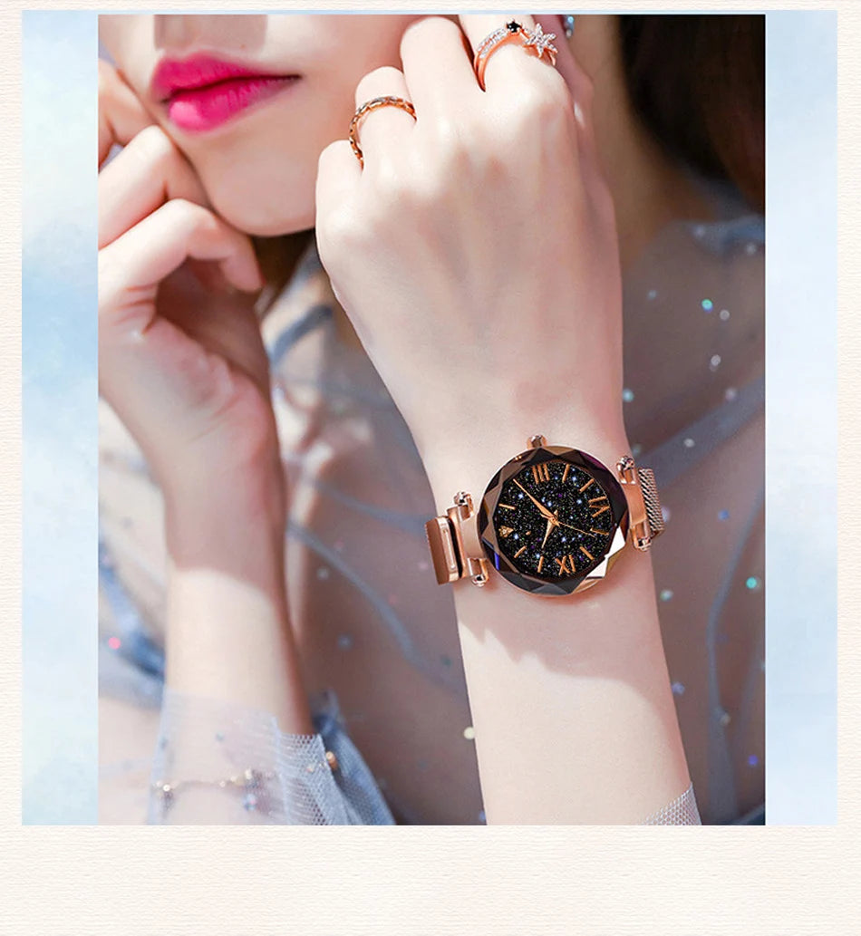 Women's Starry Sky Watch Magnet Buckle Mesh Belt Diamond Quartz Watch