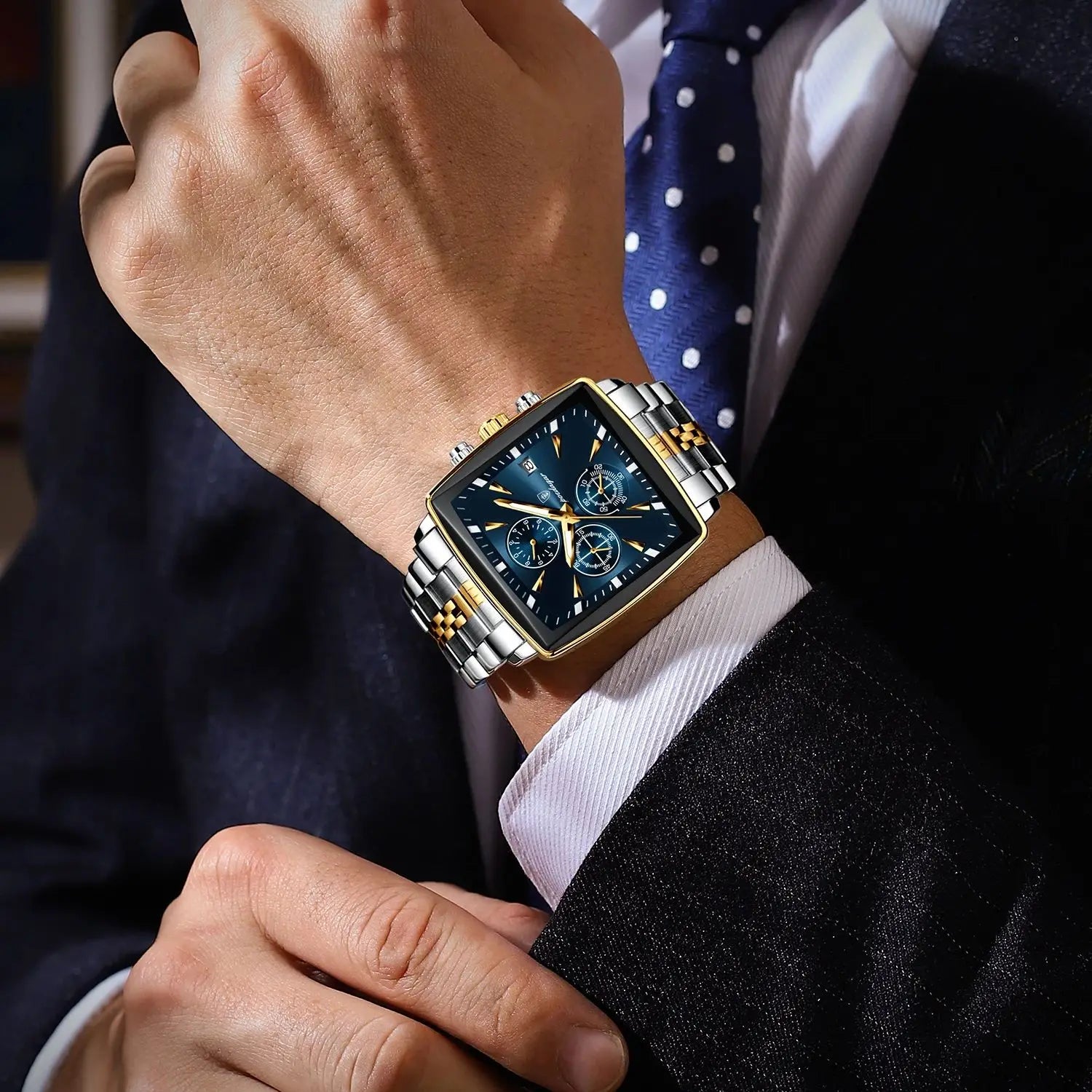 POEDAGAR Men Watch Luminous Waterproof Chronograph Date Man Wristwatch Square Stainless Steel Watch