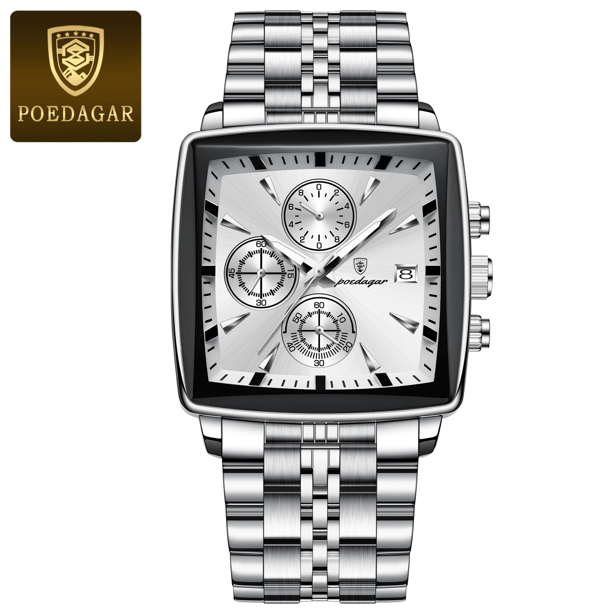 POEDAGAR Men Watch Luminous Waterproof Chronograph Date Man Wristwatch Square Stainless Steel Watch