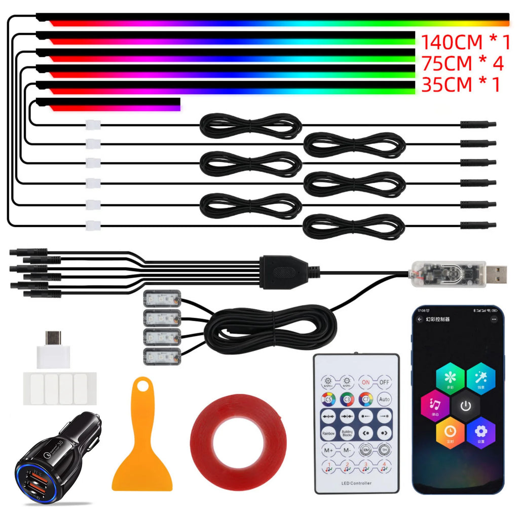 Car Ambient Lights 10 in 1 Footwell Universal RGB Atmosphere LED USB/Cigar Lighter connector APP Control