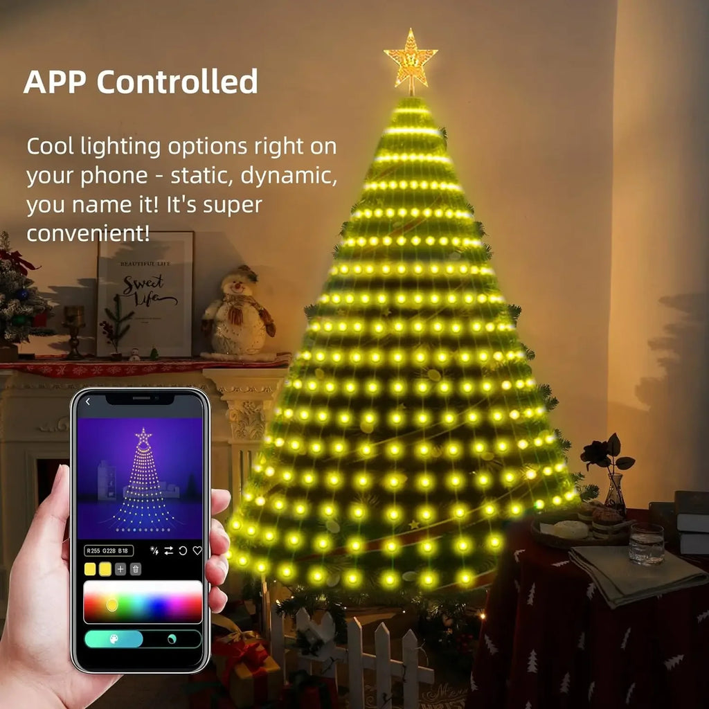Christmas tree LED lights decoration including tree topper (Remotely controlled with smart app and physical controller)