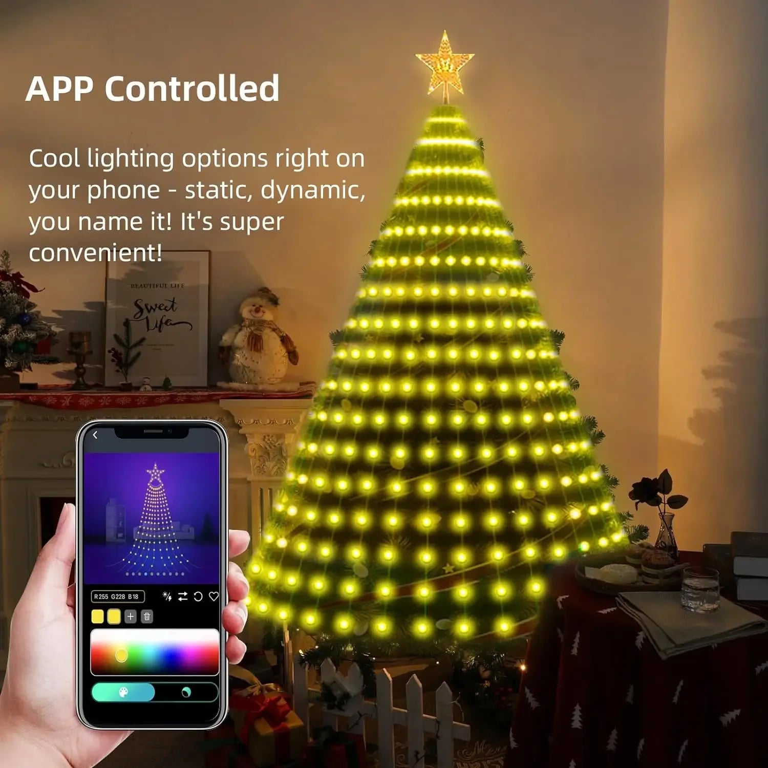 Christmas tree LED lights decoration including tree topper (Remotely controlled with smart app and physical controller)