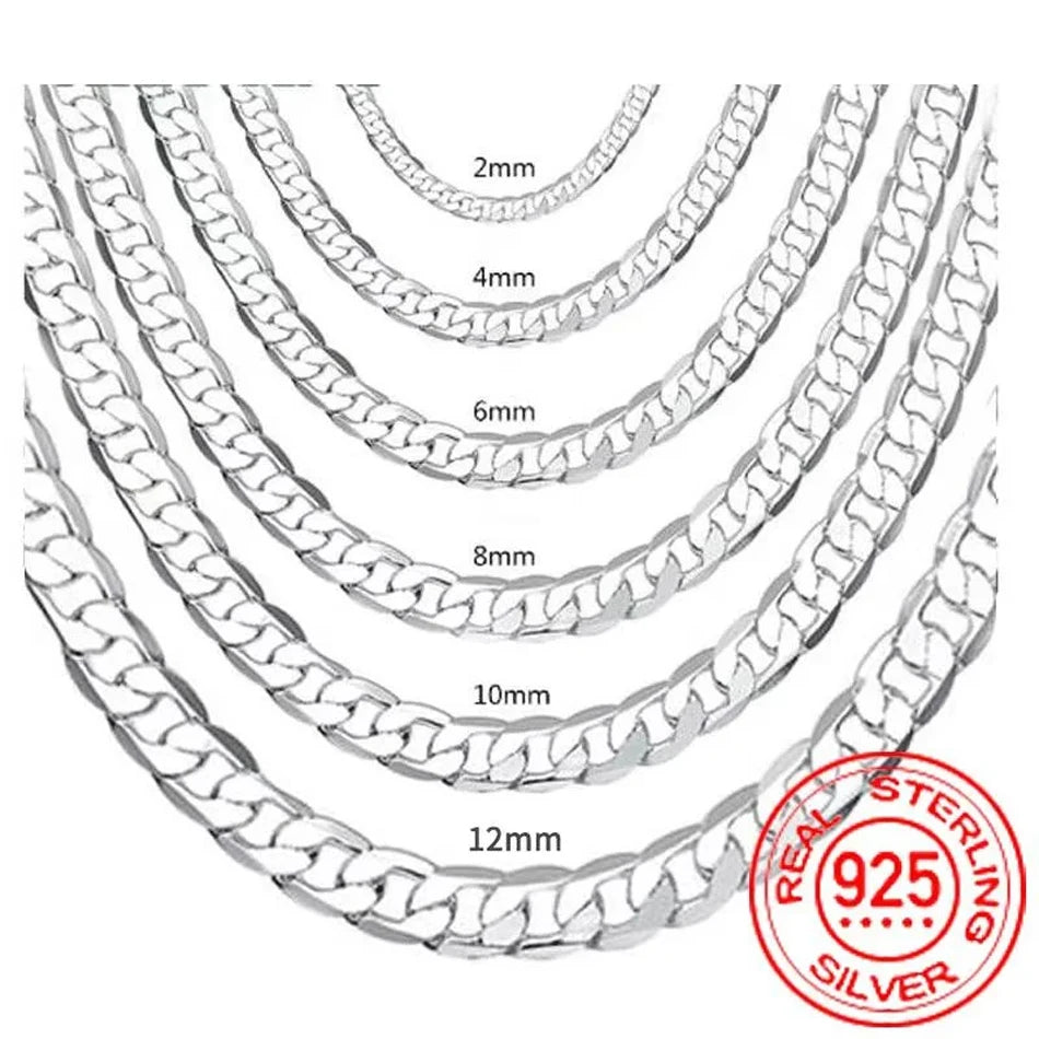925 Sterling Silver Necklace 2/4/6/8/10/12MM 40-75cm Face Chain Necklace Lobster Clasp Men & Women Jewellery