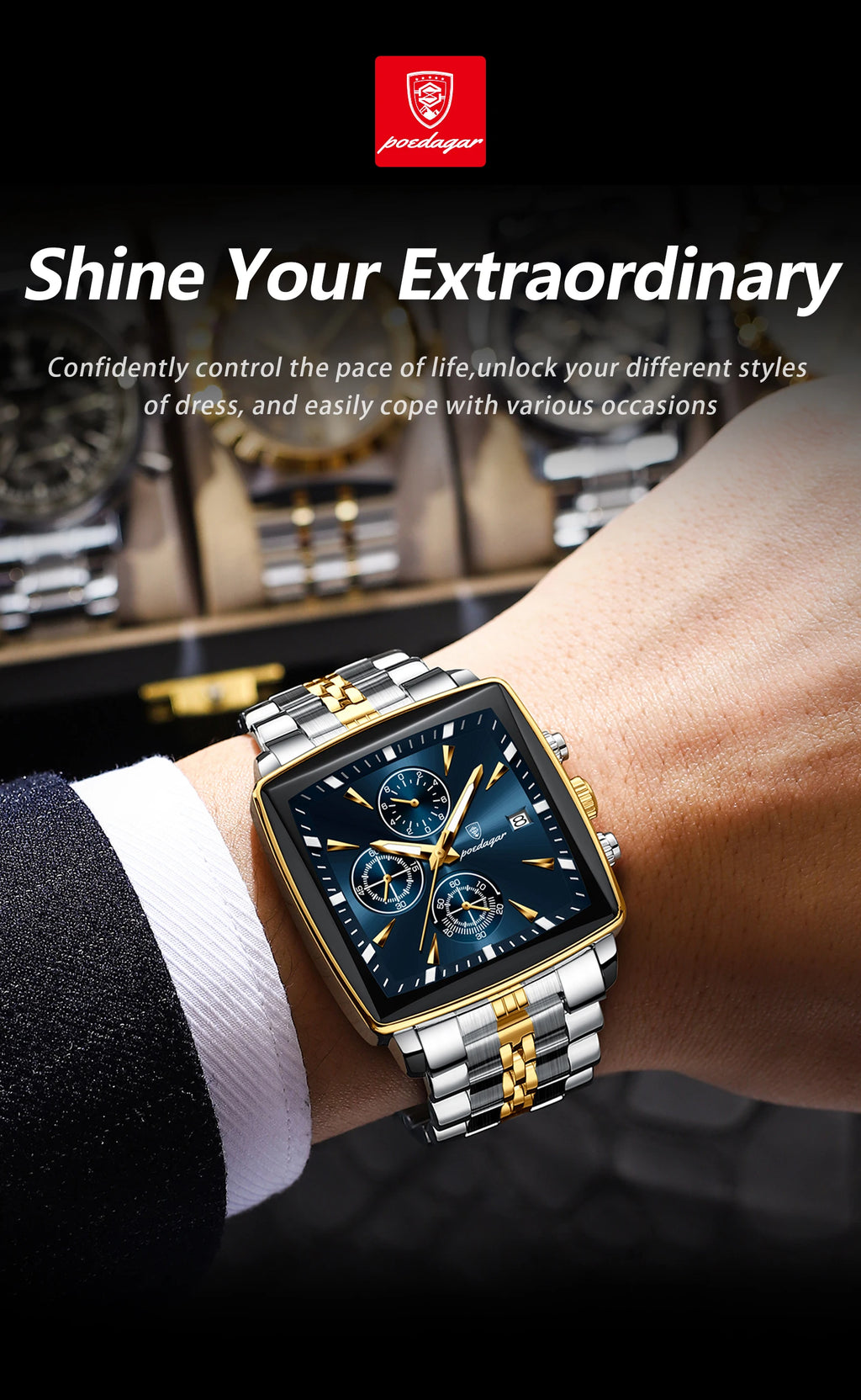 POEDAGAR Men Watch Luminous Waterproof Chronograph Date Man Wristwatch Square Stainless Steel Watch