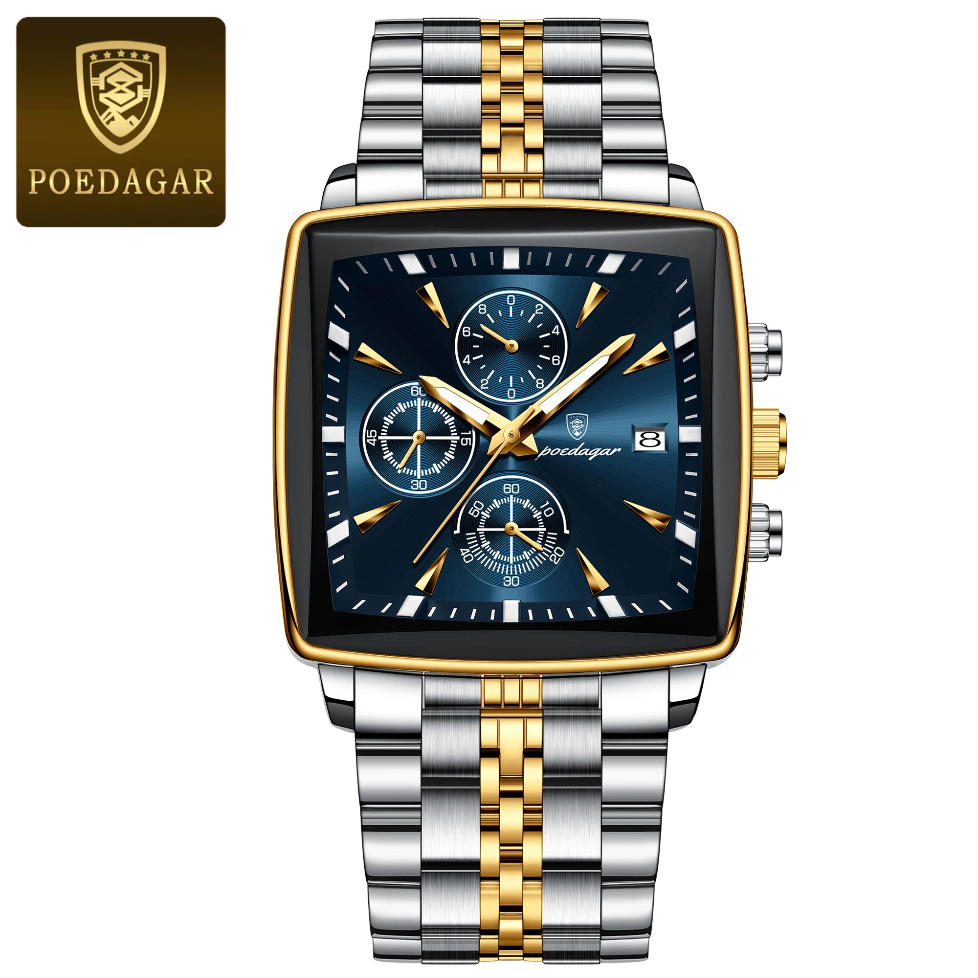 POEDAGAR Men Watch Luminous Waterproof Chronograph Date Man Wristwatch Square Stainless Steel Watch
