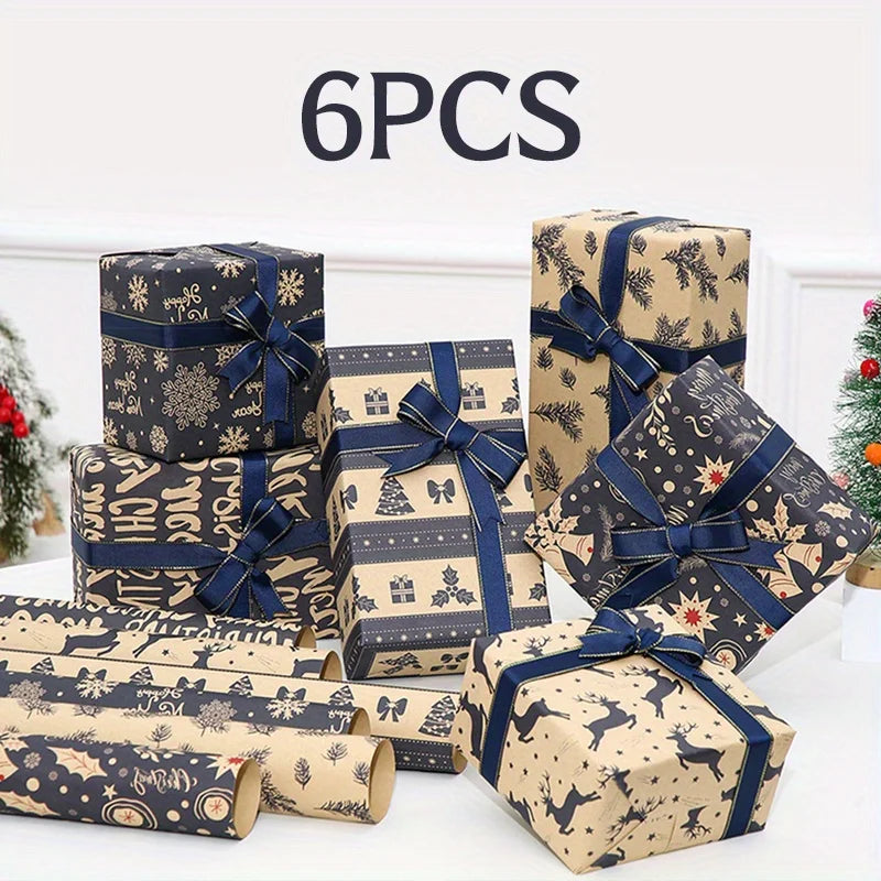 6PCS Vintage Christmas Wrapping Paper with Reindeer & Snowflake Patterns