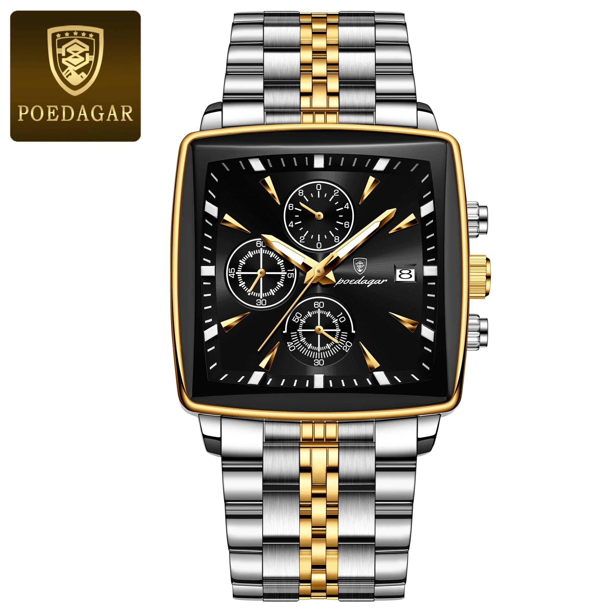 POEDAGAR Men Watch Luminous Waterproof Chronograph Date Man Wristwatch Square Stainless Steel Watch