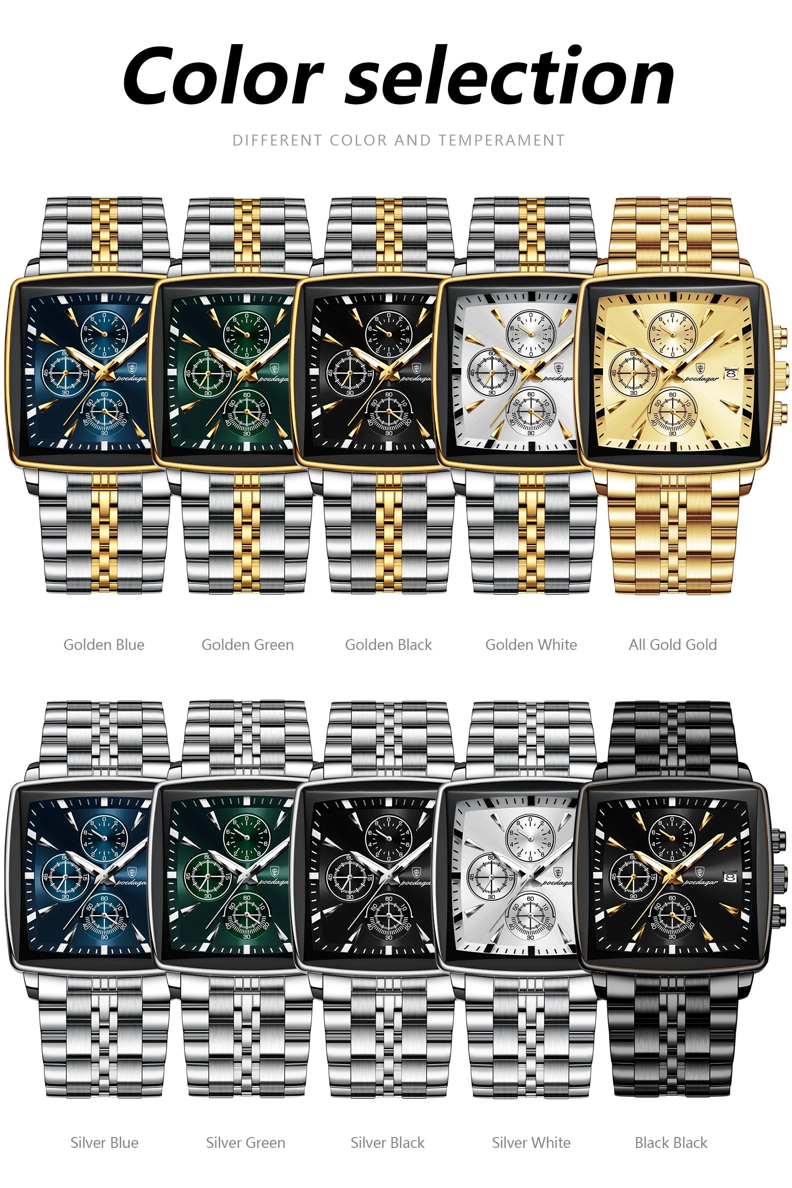 POEDAGAR Men Watch Luminous Waterproof Chronograph Date Man Wristwatch Square Stainless Steel Watch