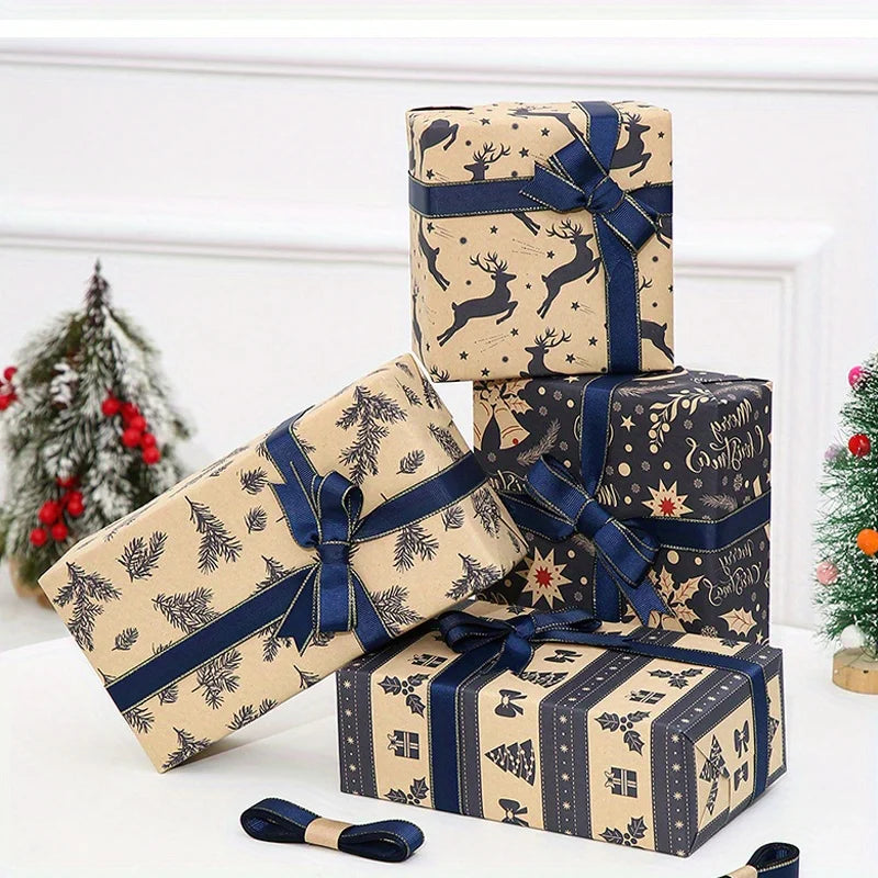 6PCS Vintage Christmas Wrapping Paper with Reindeer & Snowflake Patterns
