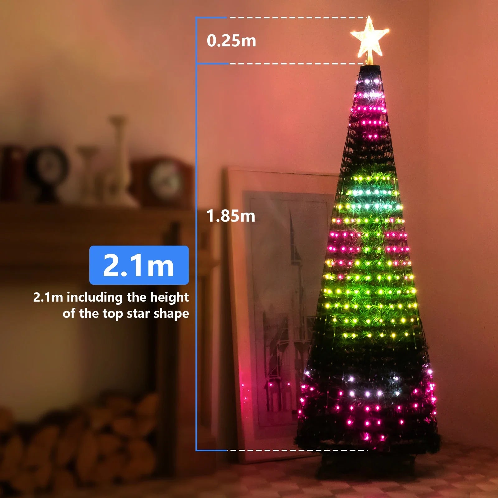 Christmas tree LED lights decoration including tree topper (Remotely controlled with smart app and physical controller)
