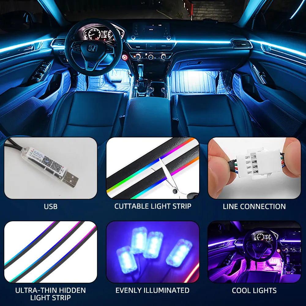 Car Ambient Lights 10 in 1 Footwell Universal RGB Atmosphere LED USB/Cigar Lighter connector APP Control