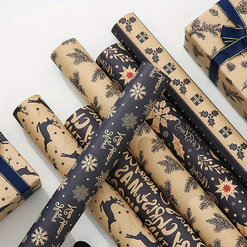 6PCS Vintage Christmas Wrapping Paper with Reindeer & Snowflake Patterns
