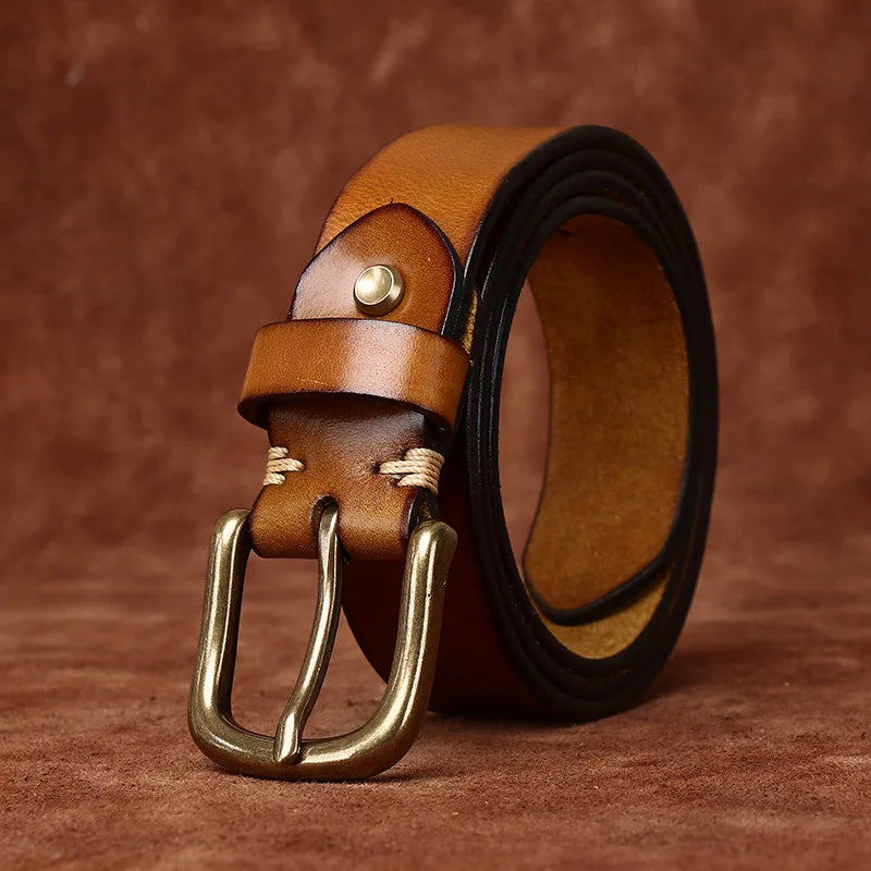 Men's Copper Pin Buckle Belt Top Layer Genuine Leather Casual Belt