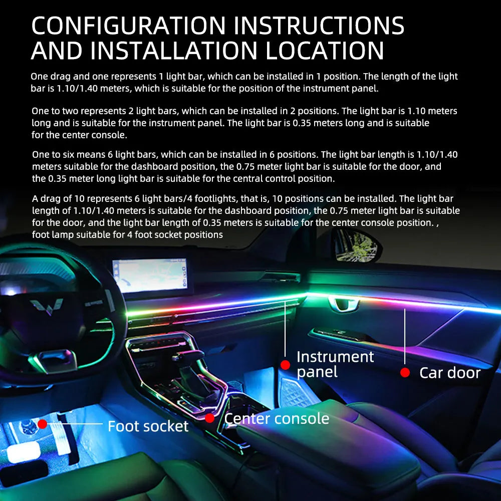 Car Ambient Lights 10 in 1 Footwell Universal RGB Atmosphere LED USB/Cigar Lighter connector APP Control