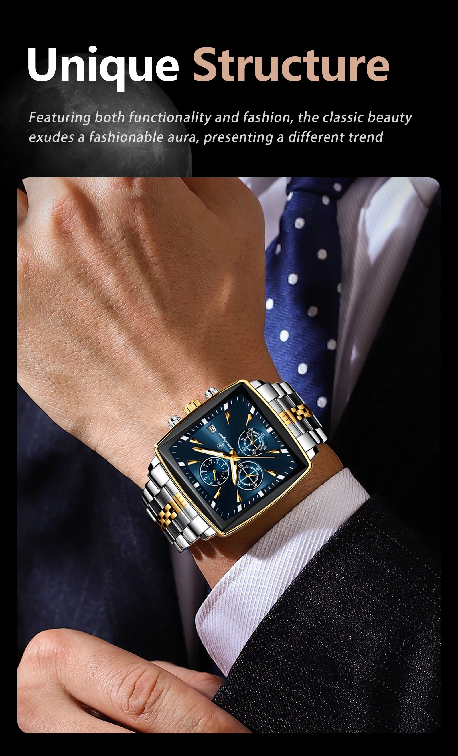 POEDAGAR Men Watch Luminous Waterproof Chronograph Date Man Wristwatch Square Stainless Steel Watch