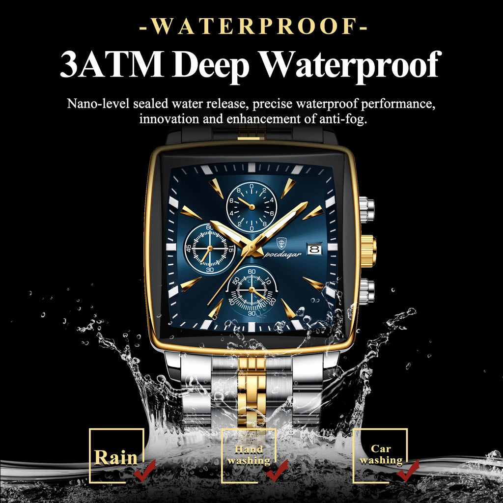 POEDAGAR Men Watch Luminous Waterproof Chronograph Date Man Wristwatch Square Stainless Steel Watch