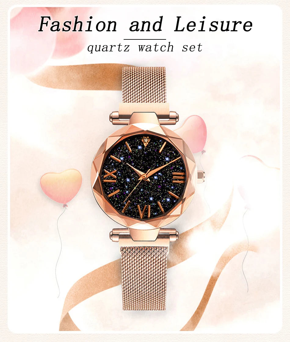 Women's Starry Sky Watch Magnet Buckle Mesh Belt Diamond Quartz Watch