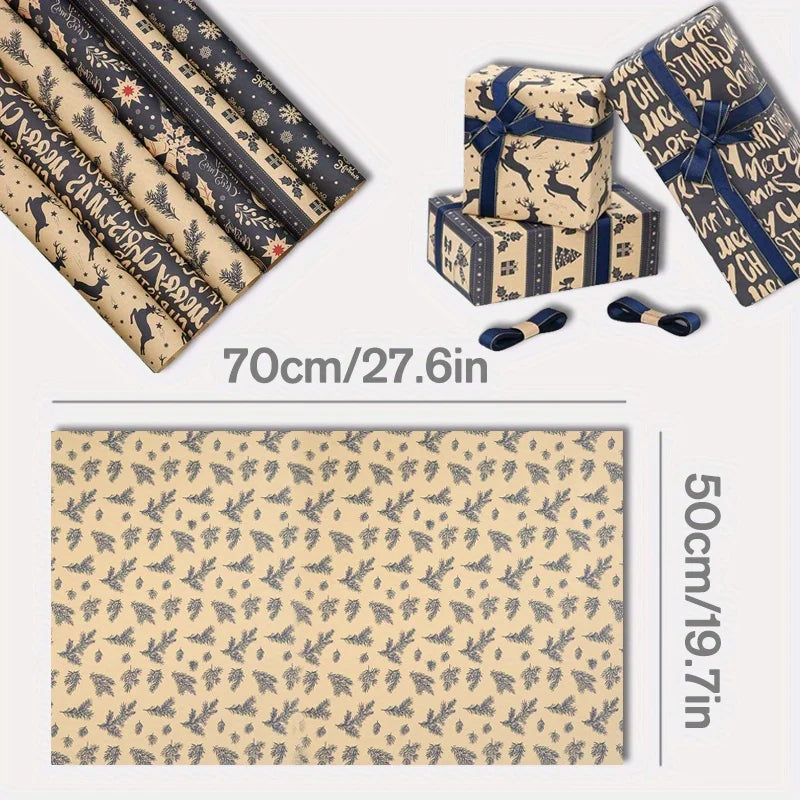 6PCS Vintage Christmas Wrapping Paper with Reindeer & Snowflake Patterns