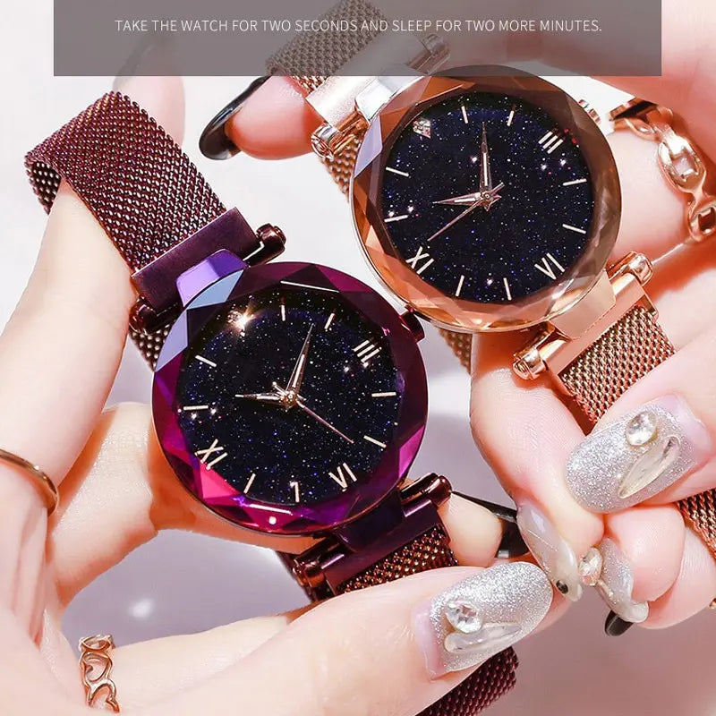 Women's Starry Sky Watch Magnet Buckle Mesh Belt Diamond Quartz Watch