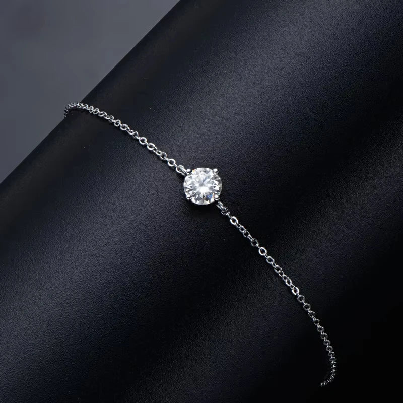 Certified 1CT Moissanite Bracelet for Women 925 Silver Classic Round Lab Diamond Charm Adjustable Hand Chain