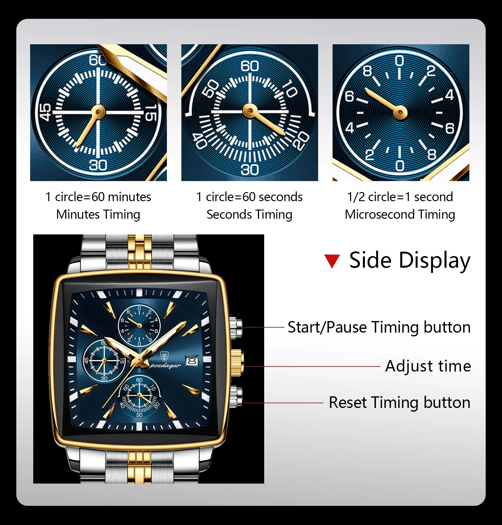 POEDAGAR Men Watch Luminous Waterproof Chronograph Date Man Wristwatch Square Stainless Steel Watch