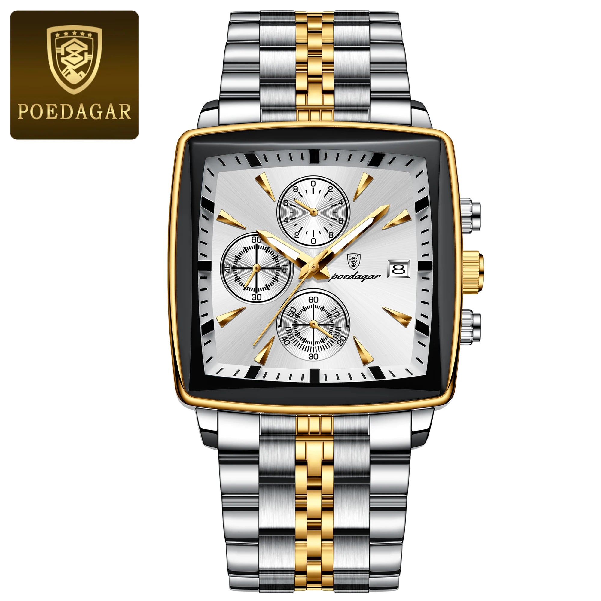 POEDAGAR Men Watch Luminous Waterproof Chronograph Date Man Wristwatch Square Stainless Steel Watch