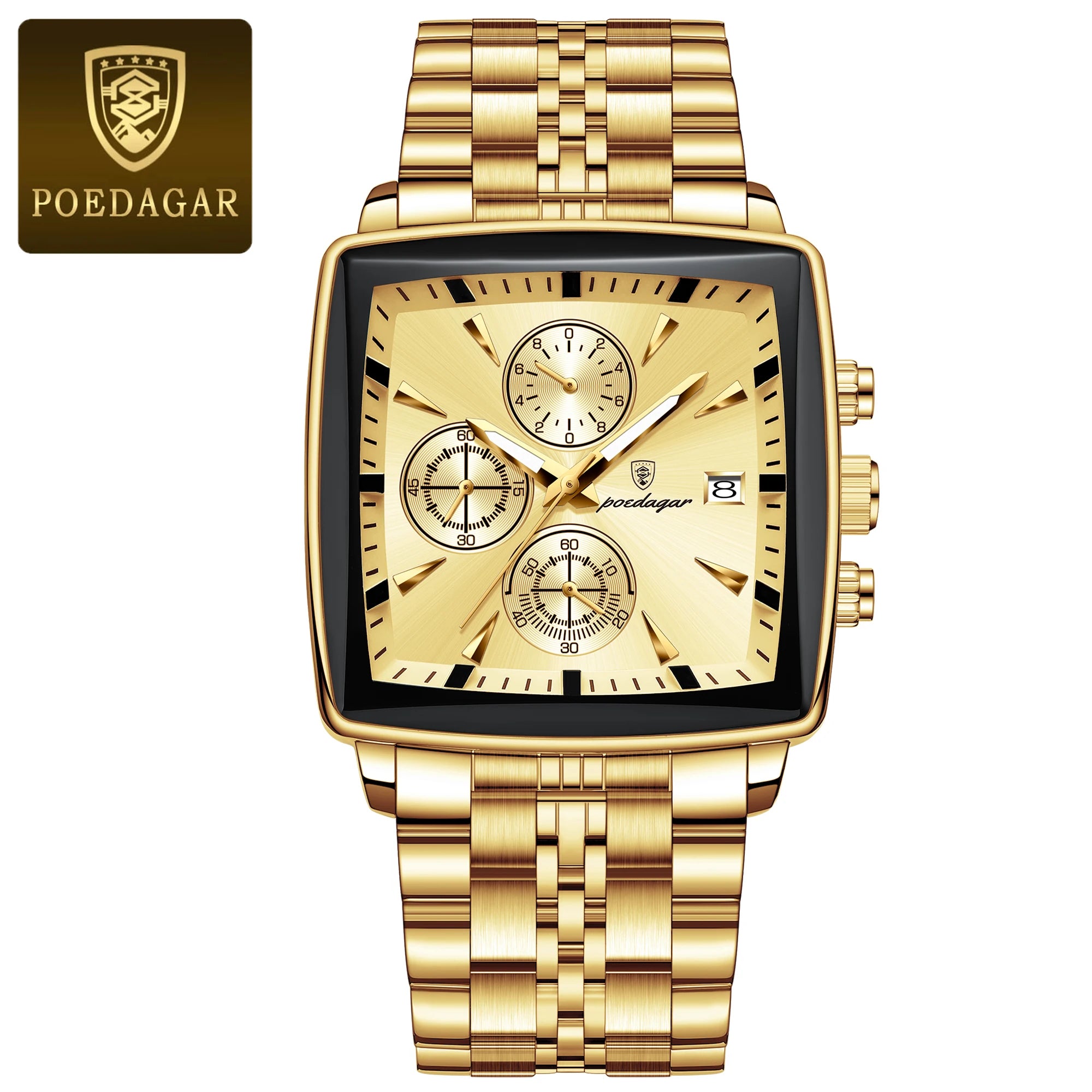 POEDAGAR Men Watch Luminous Waterproof Chronograph Date Man Wristwatch Square Stainless Steel Watch