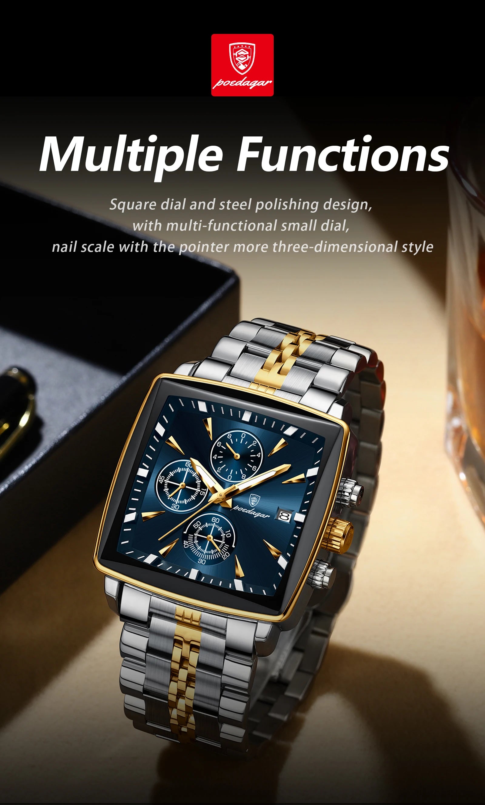 POEDAGAR Men Watch Luminous Waterproof Chronograph Date Man Wristwatch Square Stainless Steel Watch