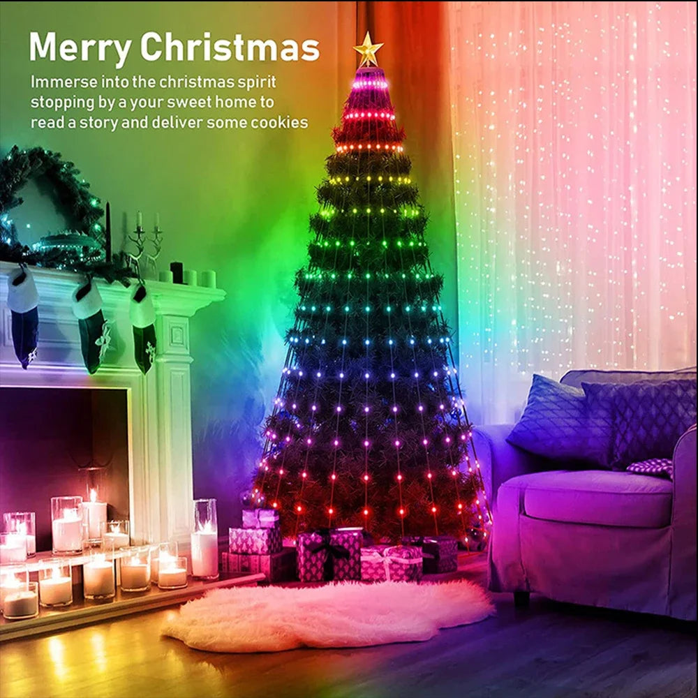 Christmas tree LED lights decoration including tree topper (Remotely controlled with smart app and physical controller)