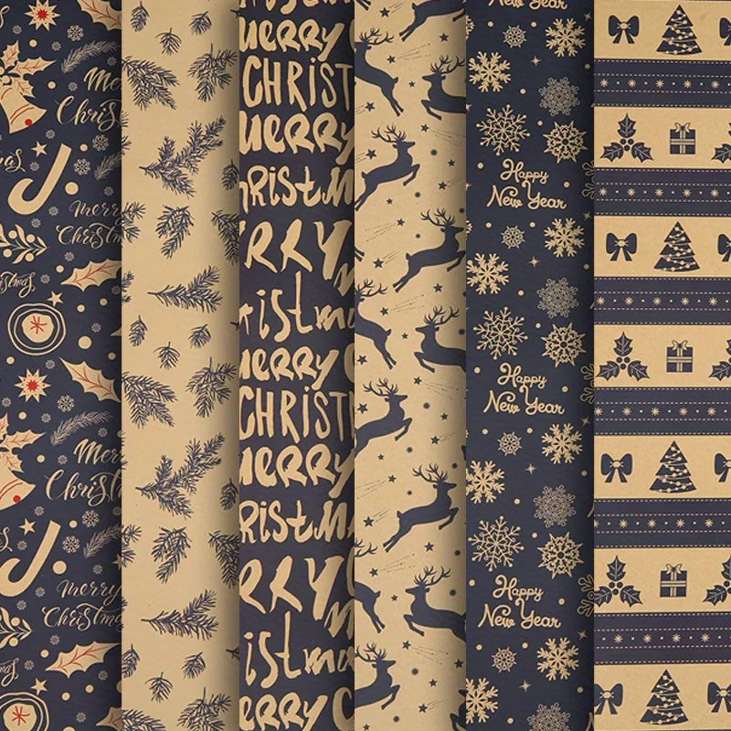 6PCS Vintage Christmas Wrapping Paper with Reindeer & Snowflake Patterns