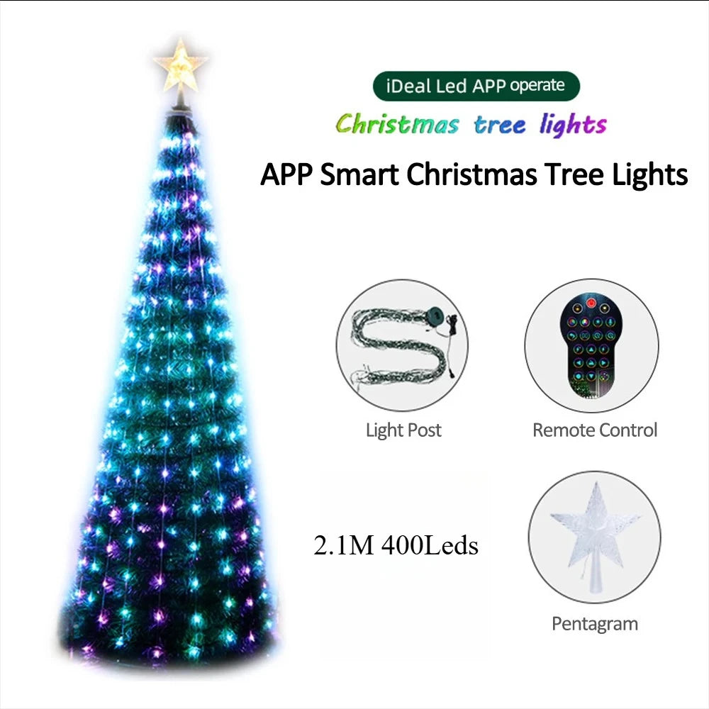 Christmas tree LED lights decoration including tree topper (Remotely controlled with smart app and physical controller)