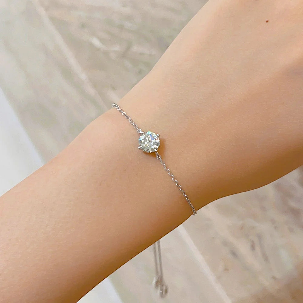 Certified 1CT Moissanite Bracelet for Women 925 Silver Classic Round Lab Diamond Charm Adjustable Hand Chain