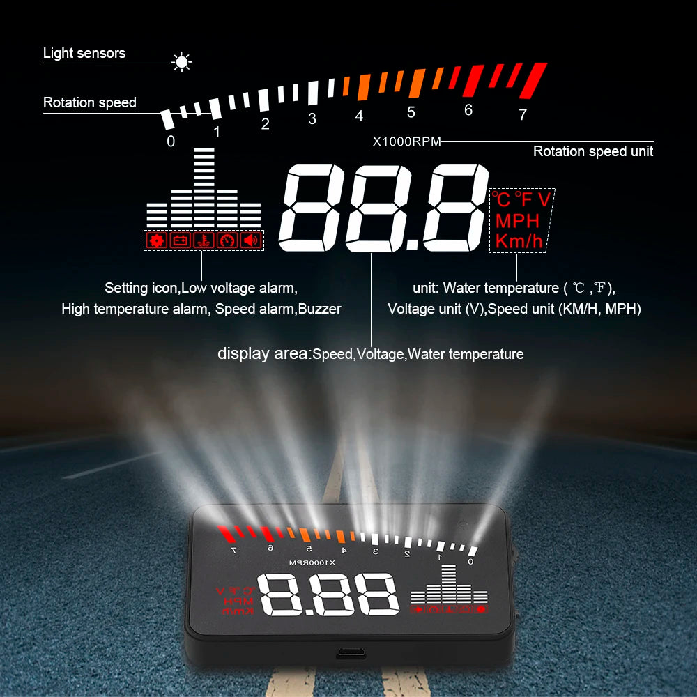 Universal Car Heads Up Display Digital Speedometer, coolant temperature, battery voltage and etc OBD2 connector