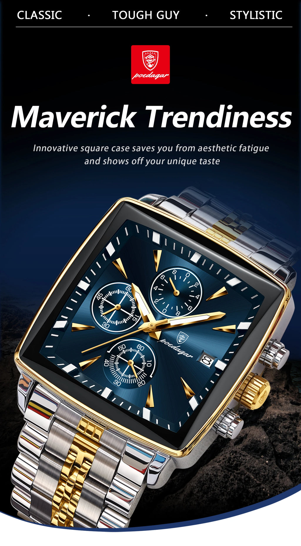 POEDAGAR Men Watch Luminous Waterproof Chronograph Date Man Wristwatch Square Stainless Steel Watch