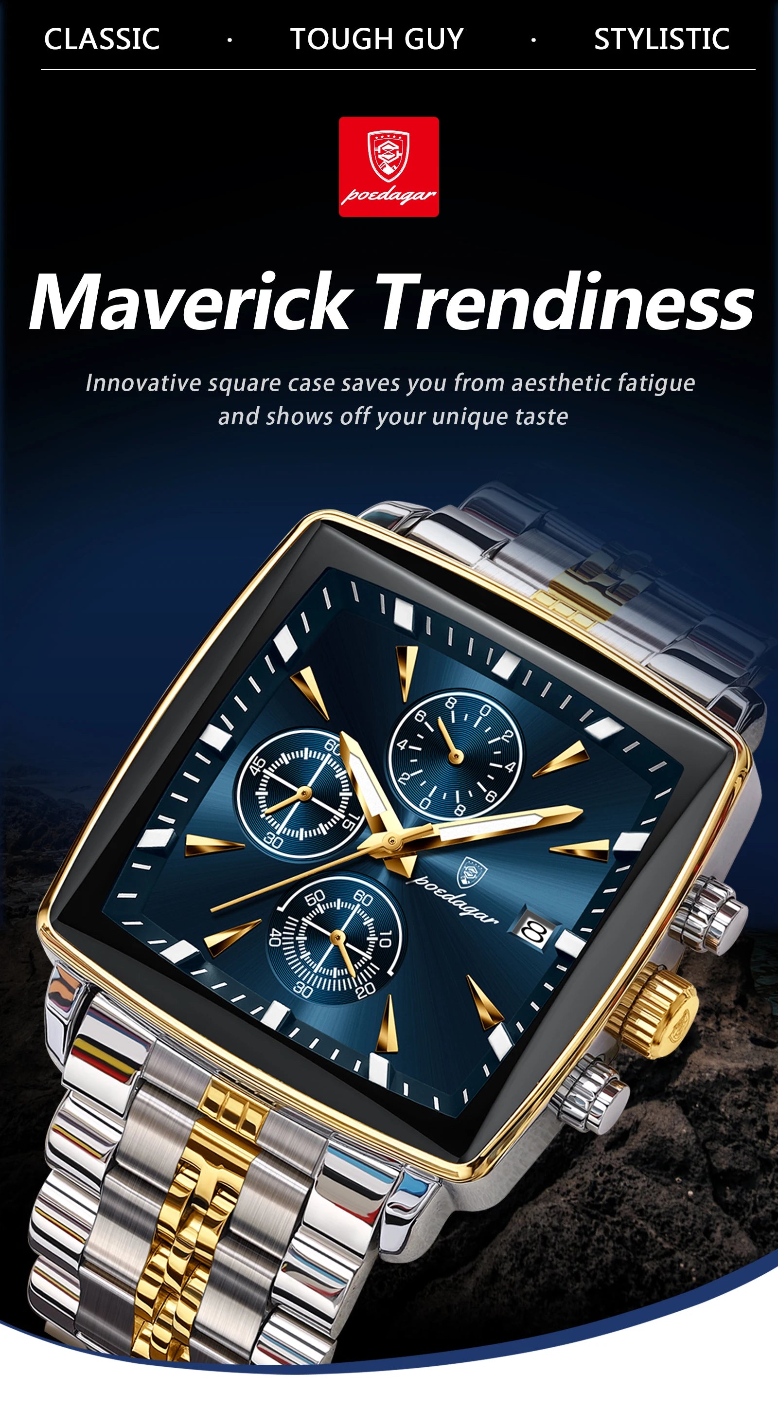 POEDAGAR Men Watch Luminous Waterproof Chronograph Date Man Wristwatch Square Stainless Steel Watch