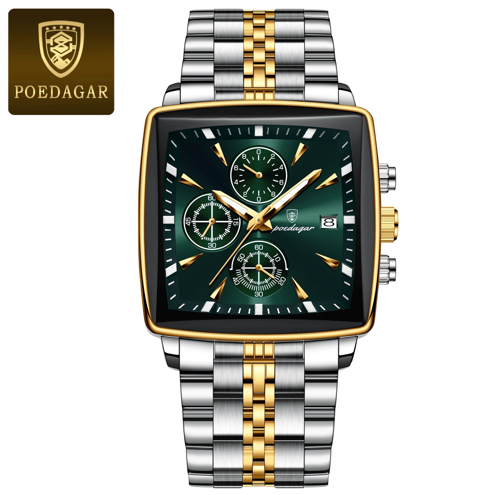 POEDAGAR Men Watch Luminous Waterproof Chronograph Date Man Wristwatch Square Stainless Steel Watch