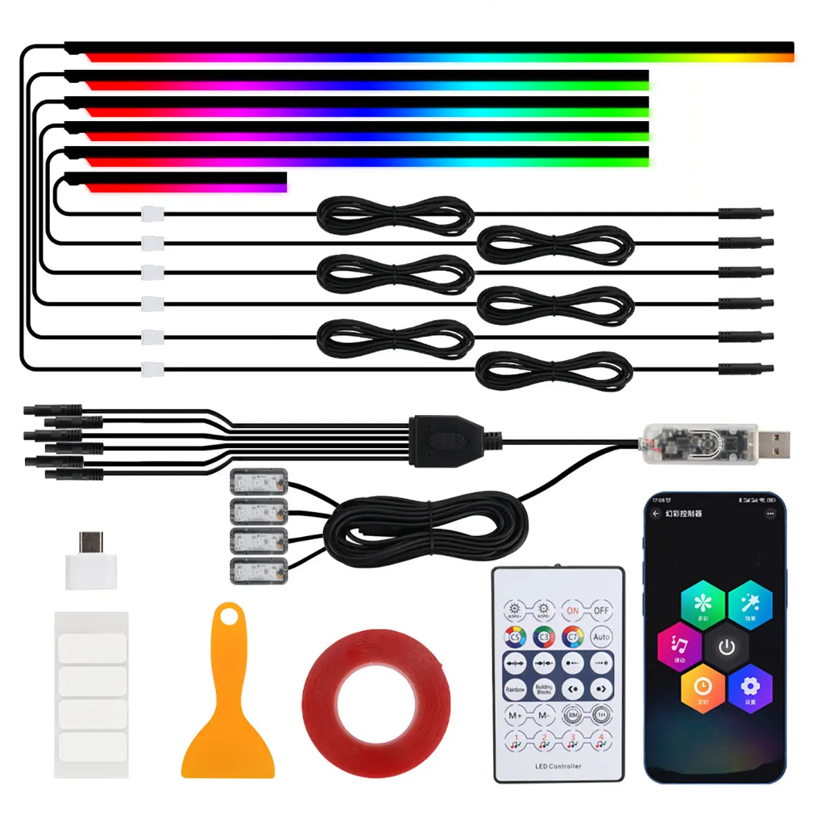 Car Ambient Lights 10 in 1 Footwell Universal RGB Atmosphere LED USB/Cigar Lighter connector APP Control