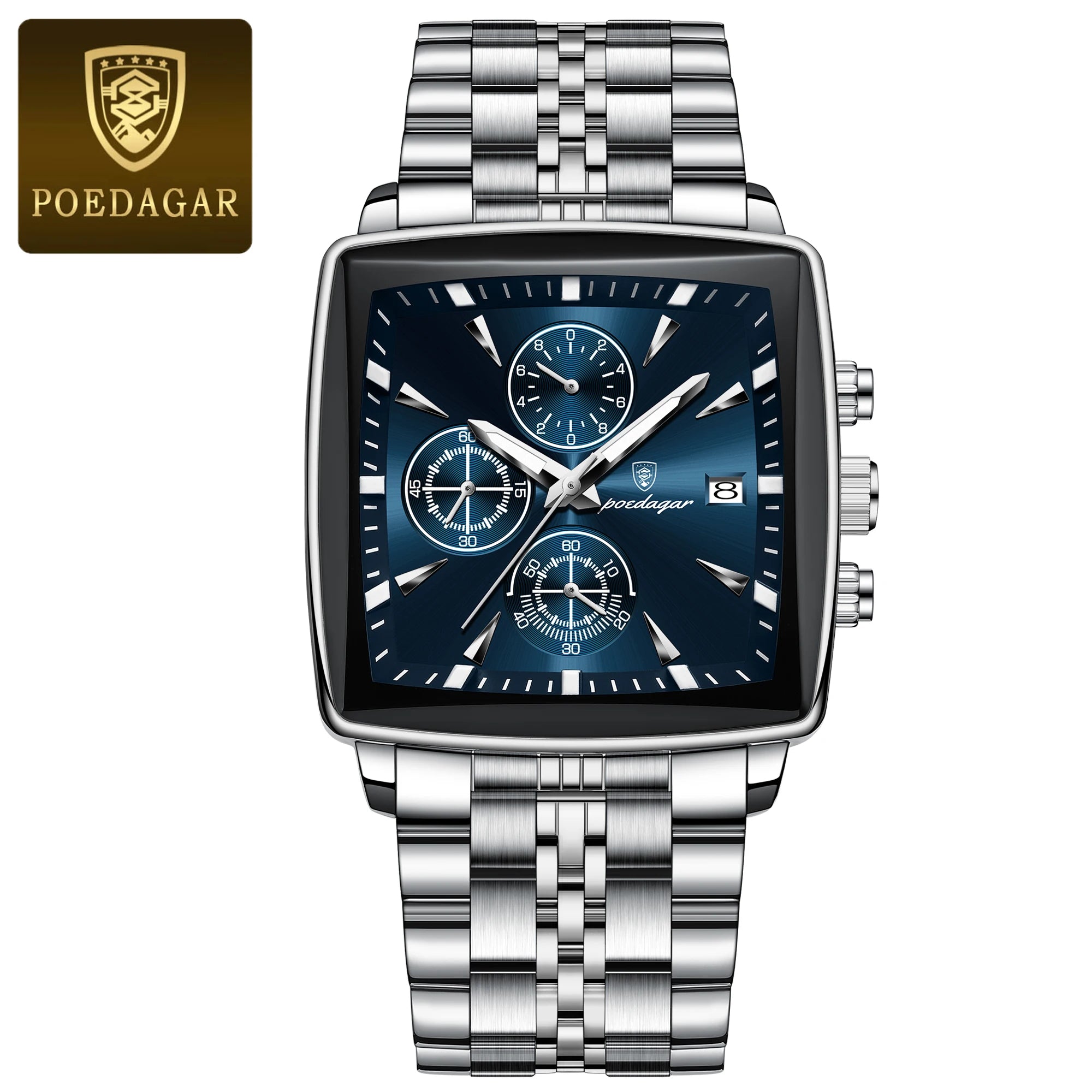 POEDAGAR Men Watch Luminous Waterproof Chronograph Date Man Wristwatch Square Stainless Steel Watch
