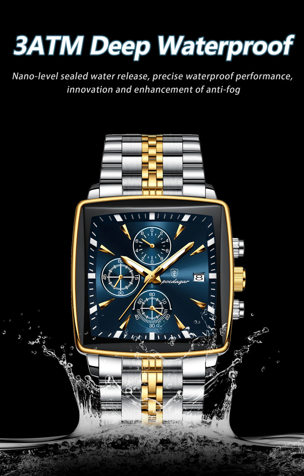 POEDAGAR Men Watch Luminous Waterproof Chronograph Date Man Wristwatch Square Stainless Steel Watch